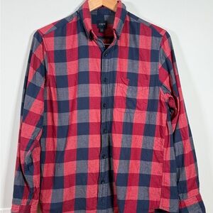 🔴 J.Crew Men's Button Up Shirt Size Small Red Navy Gingham Plaid Long Sleeve